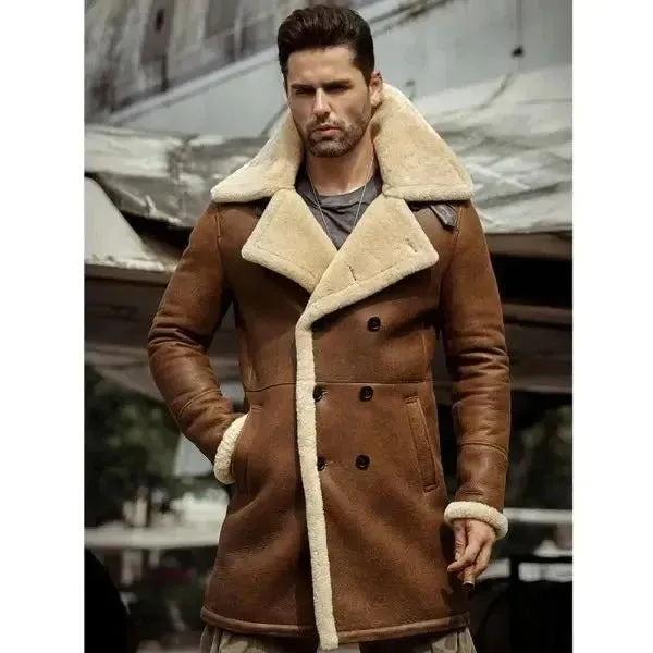 Slim Fit Sheepskin Shearling Aviator Trench Coat for Men