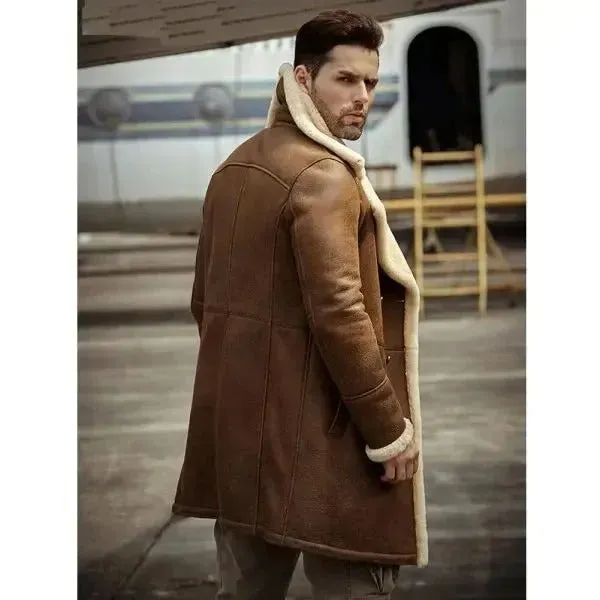 Slim Fit Sheepskin Shearling Aviator Trench Coat for Men