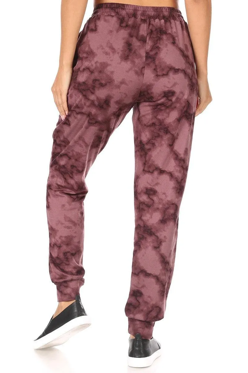 Soft Brushed Fleece Lined Sweatpants - Burgundy Tie Dye