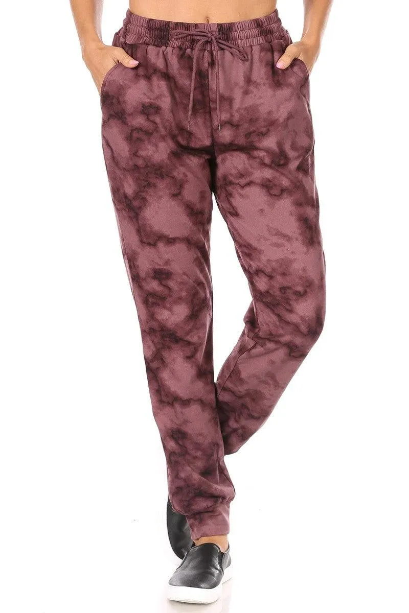 Soft Brushed Fleece Lined Sweatpants - Burgundy Tie Dye