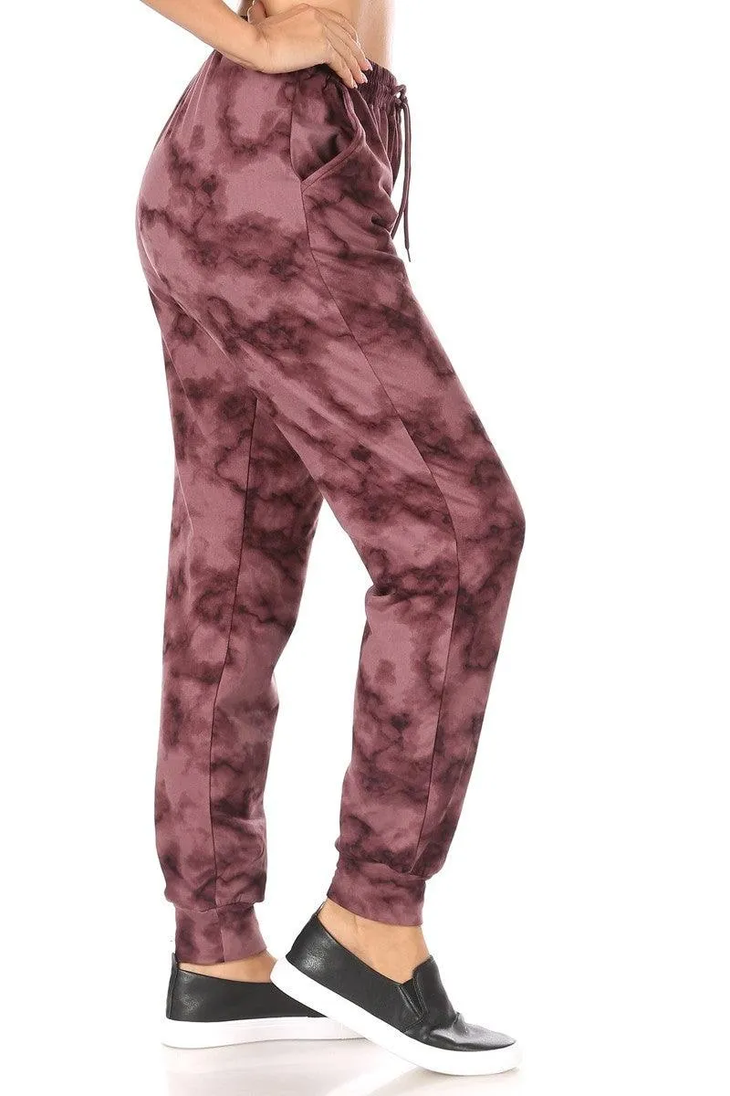 Soft Brushed Fleece Lined Sweatpants - Burgundy Tie Dye