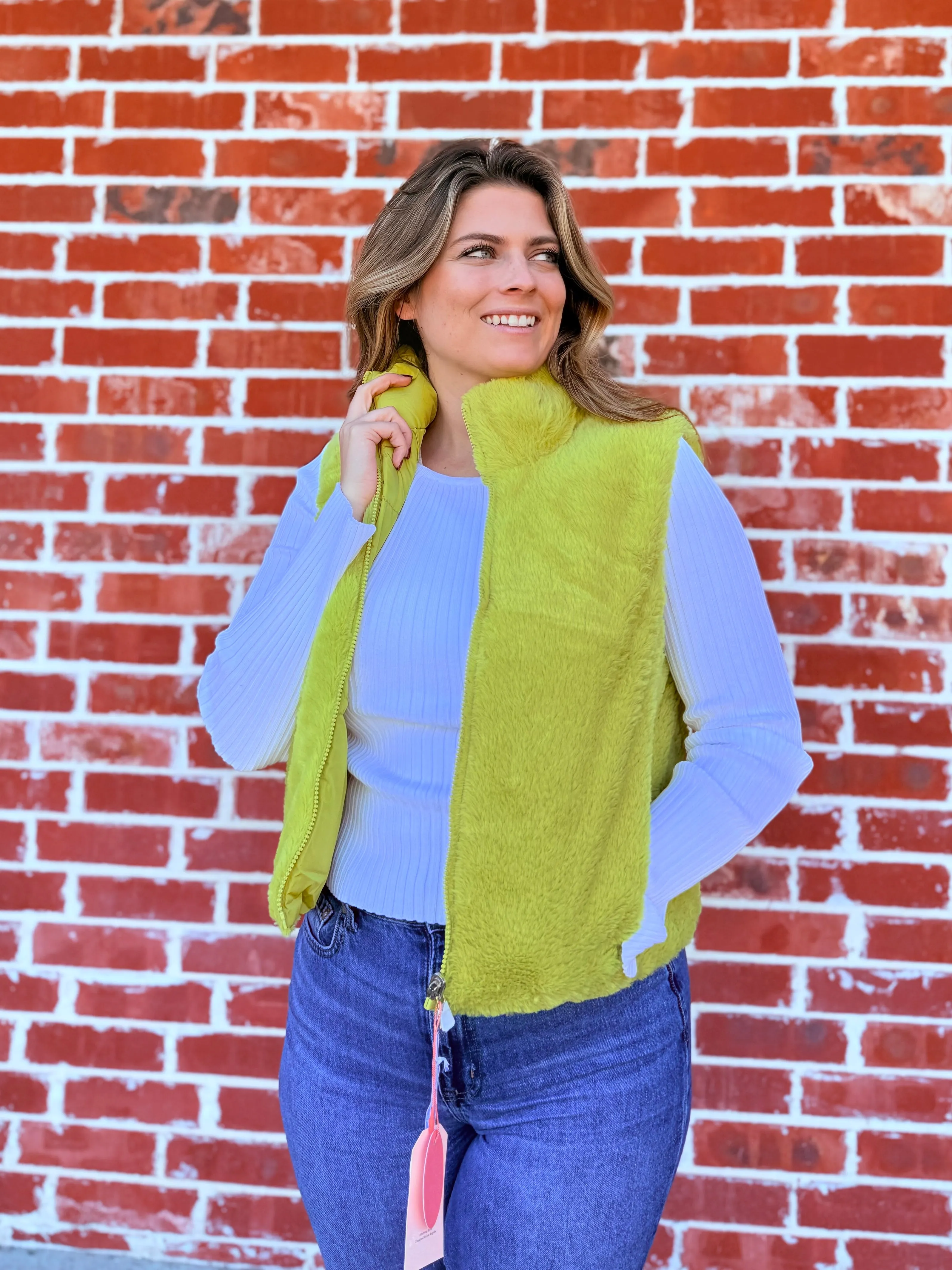 Switch It Up Fur & Puffer Vest - Lime Please