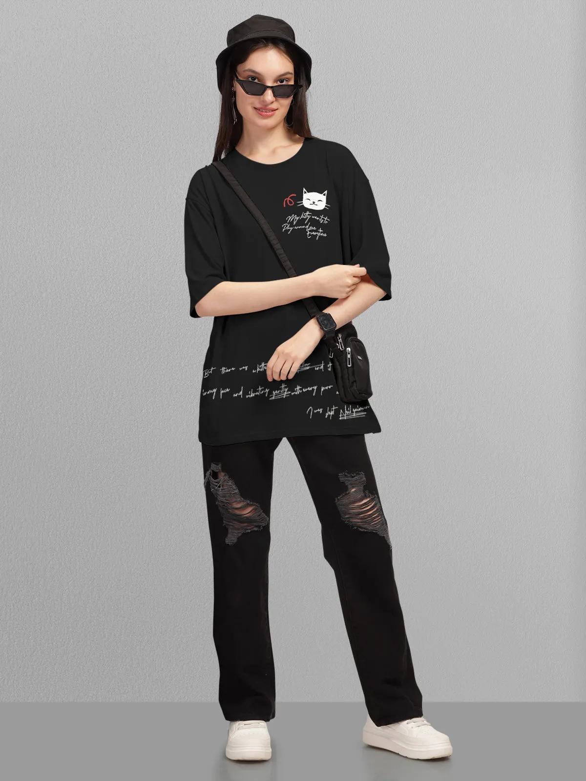 Trendy Black Printed Oversized T-shirt for Women