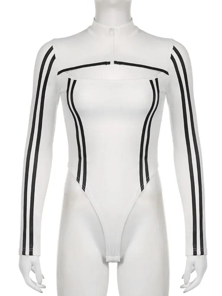 Women Contrast Hollow-up Zipper Long Sleeve Bodysuits