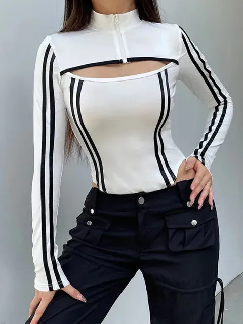 Women Contrast Hollow-up Zipper Long Sleeve Bodysuits