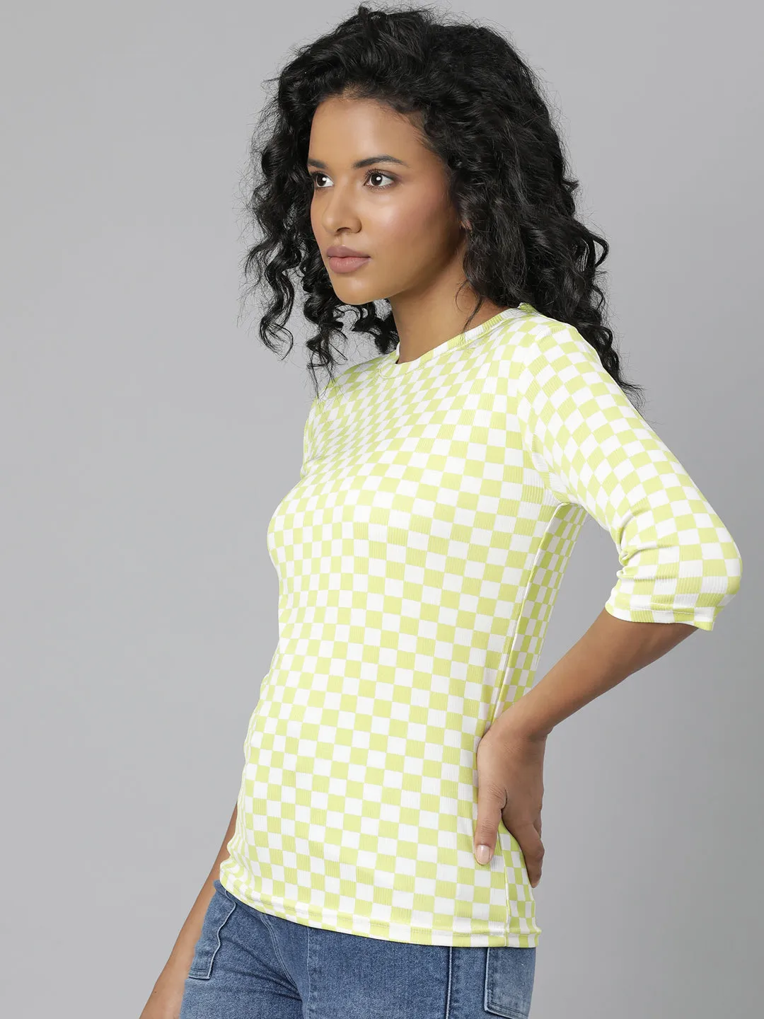 Women Lime Green Checked T Shirt