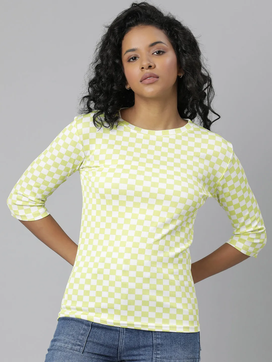 Women Lime Green Checked T Shirt