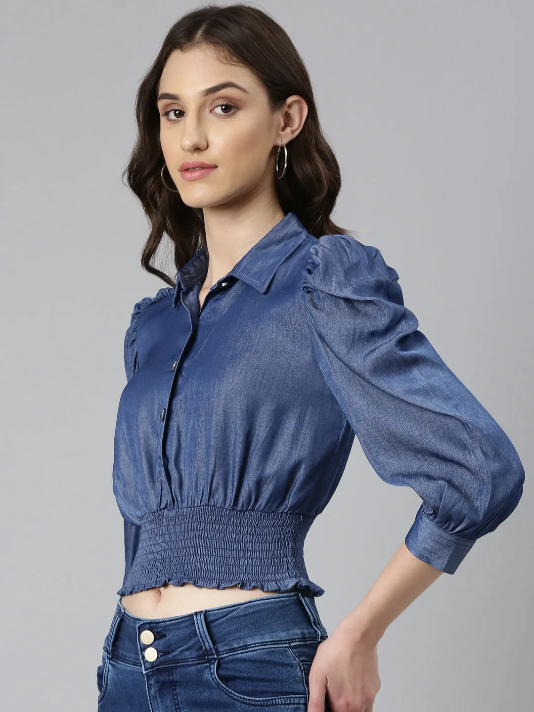 Women Navy Blue Solid Shirt StyleCrop Top