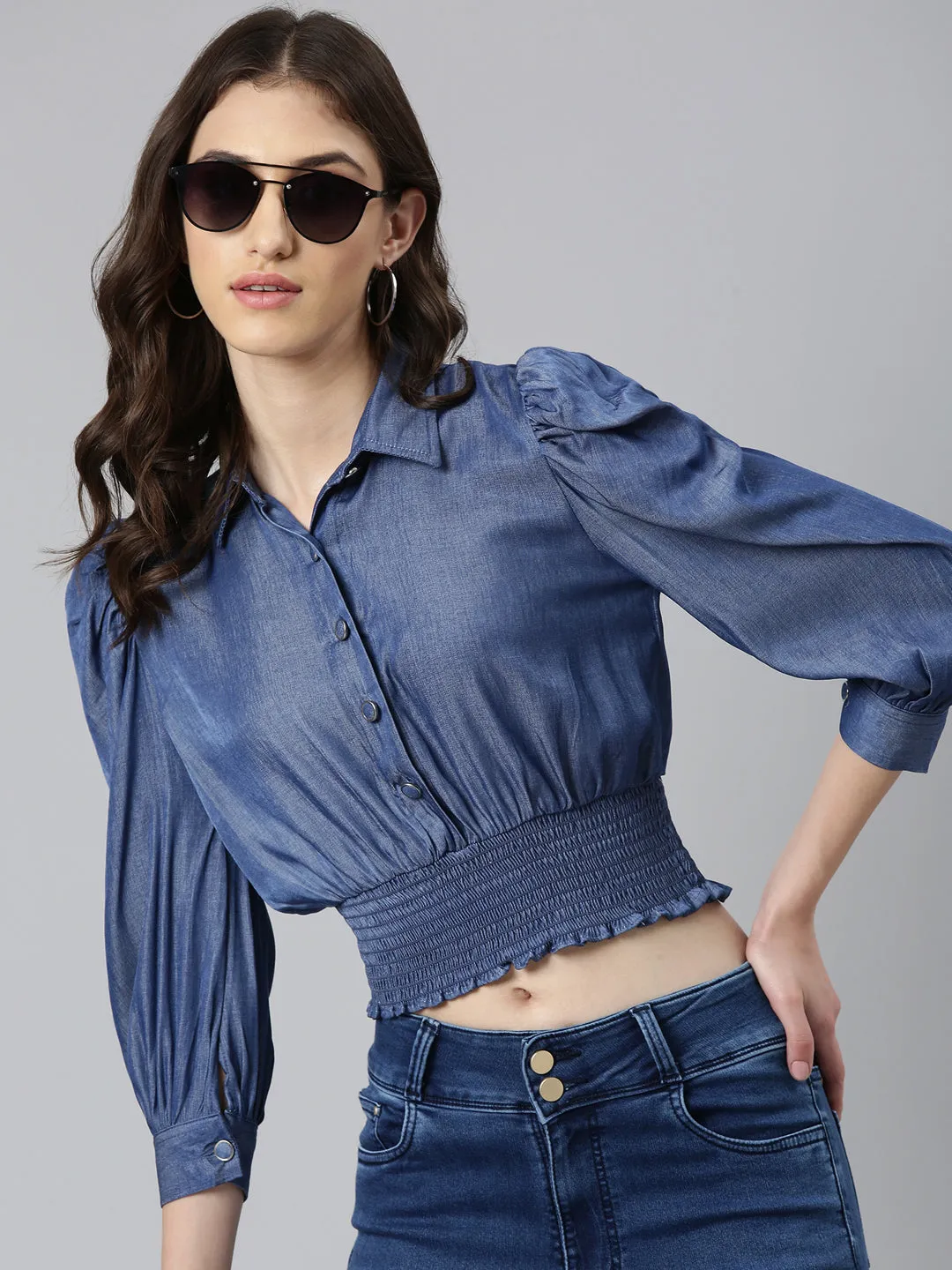 Women Navy Blue Solid Shirt StyleCrop Top