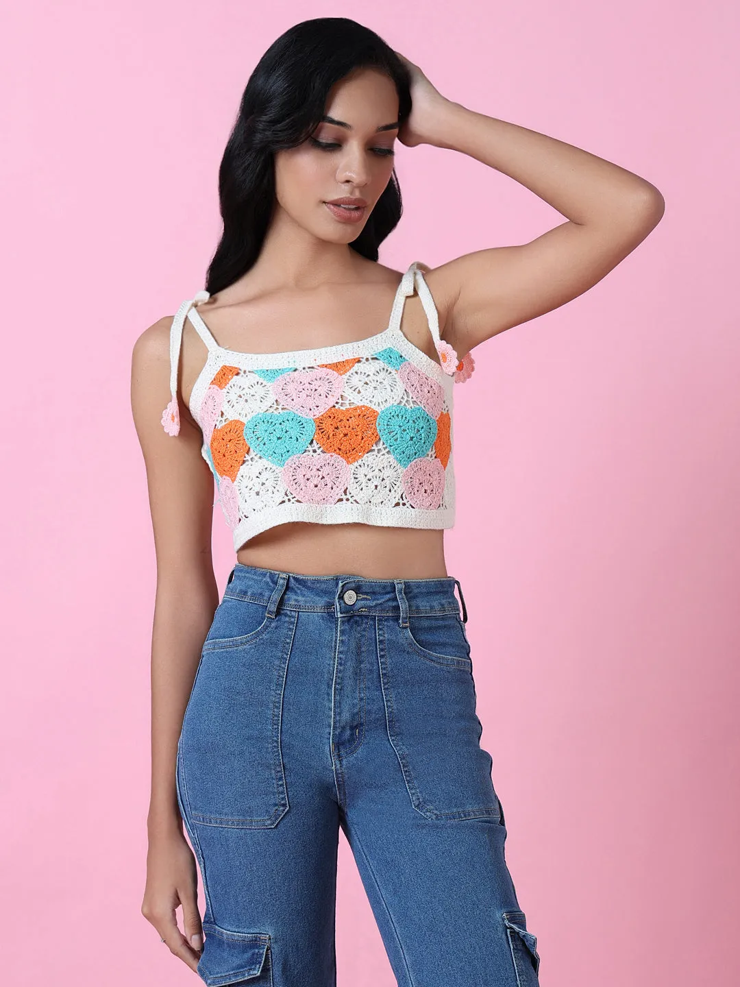 Women Pink Solid Crochet Crop Top