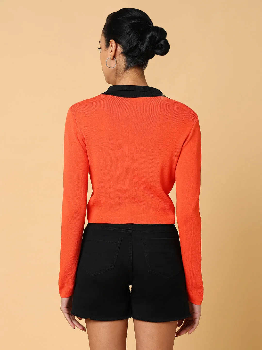 Women Solid Orange Fitted Crop Top