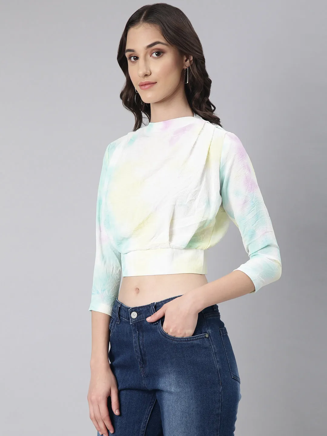 Women Turquoise Blue Tie Dye Blouson Top