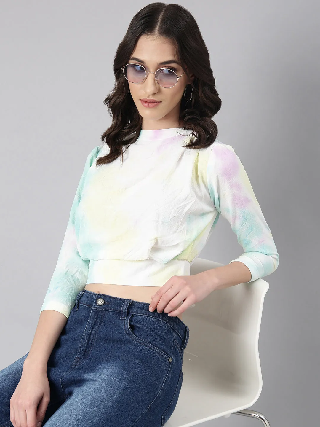 Women Turquoise Blue Tie Dye Blouson Top