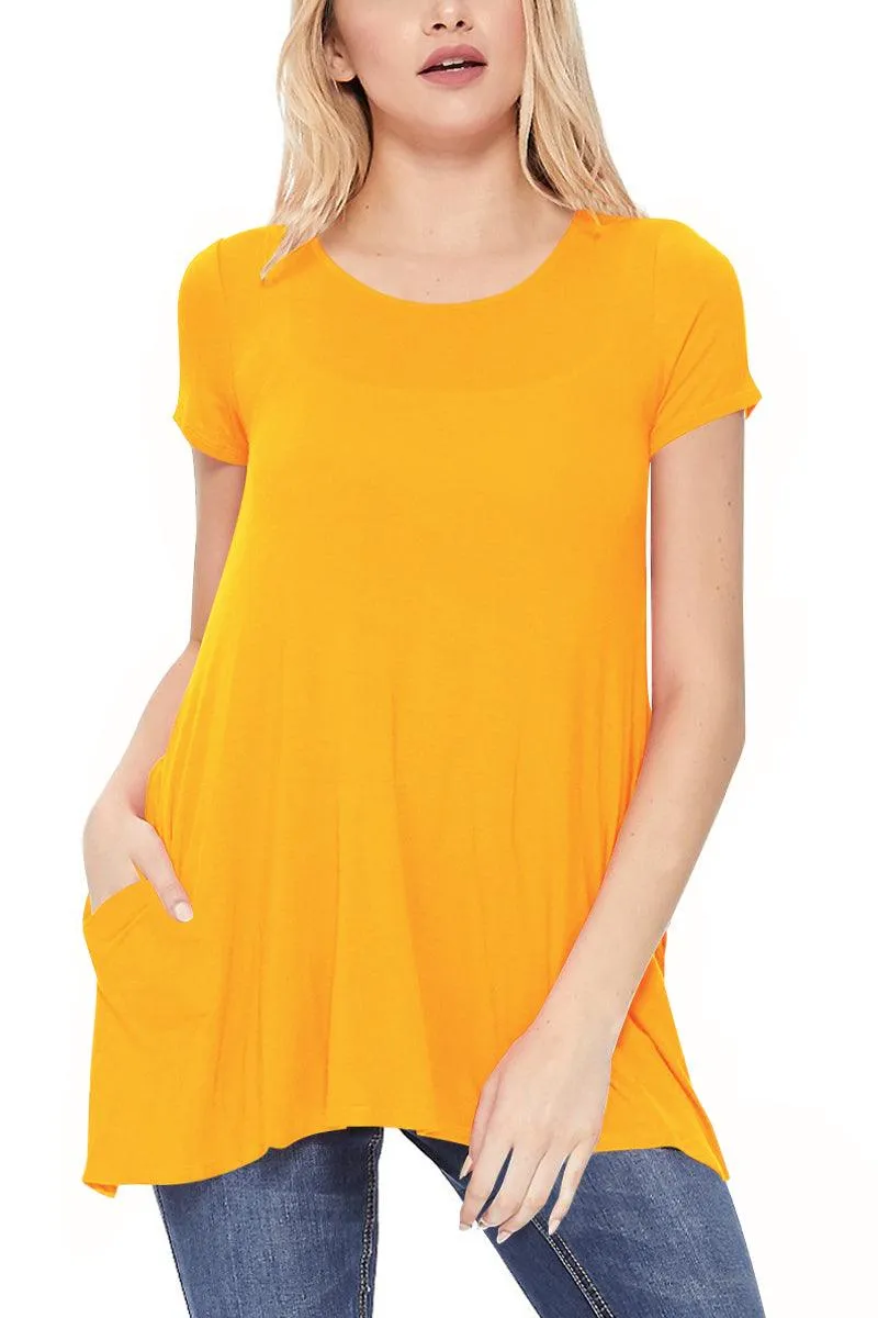 Women's Casual Short Sleeve Relaxed Fit Round Neck Side Pockets Tunic Top