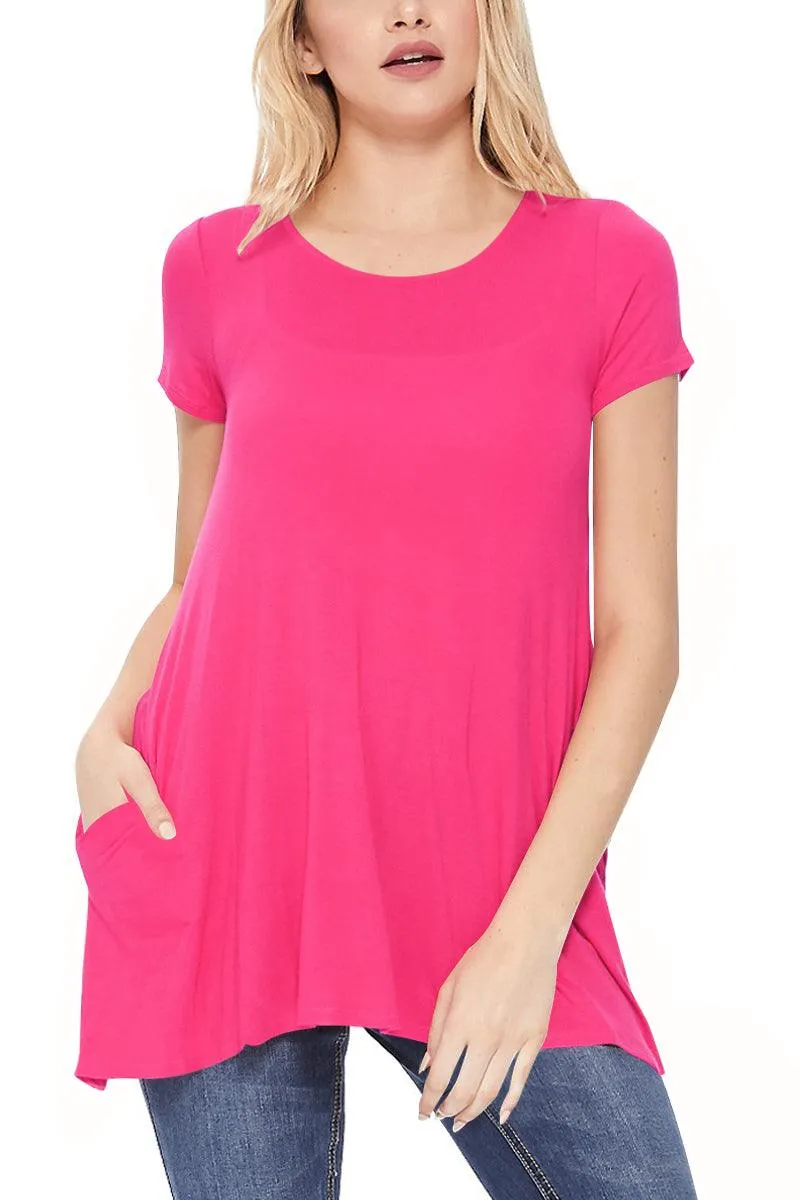 Women's Casual Short Sleeve Relaxed Fit Round Neck Side Pockets Tunic Top