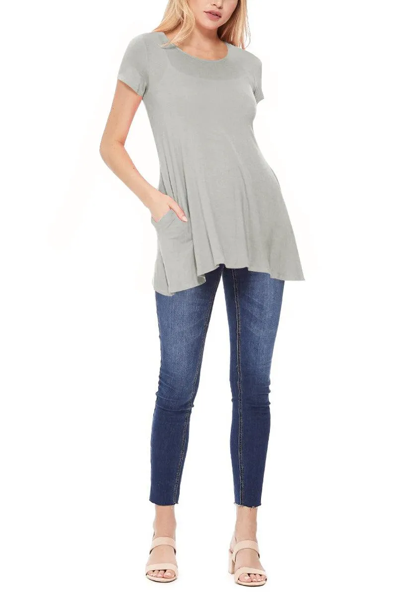 Women's Casual Short Sleeve Relaxed Fit Round Neck Side Pockets Tunic Top