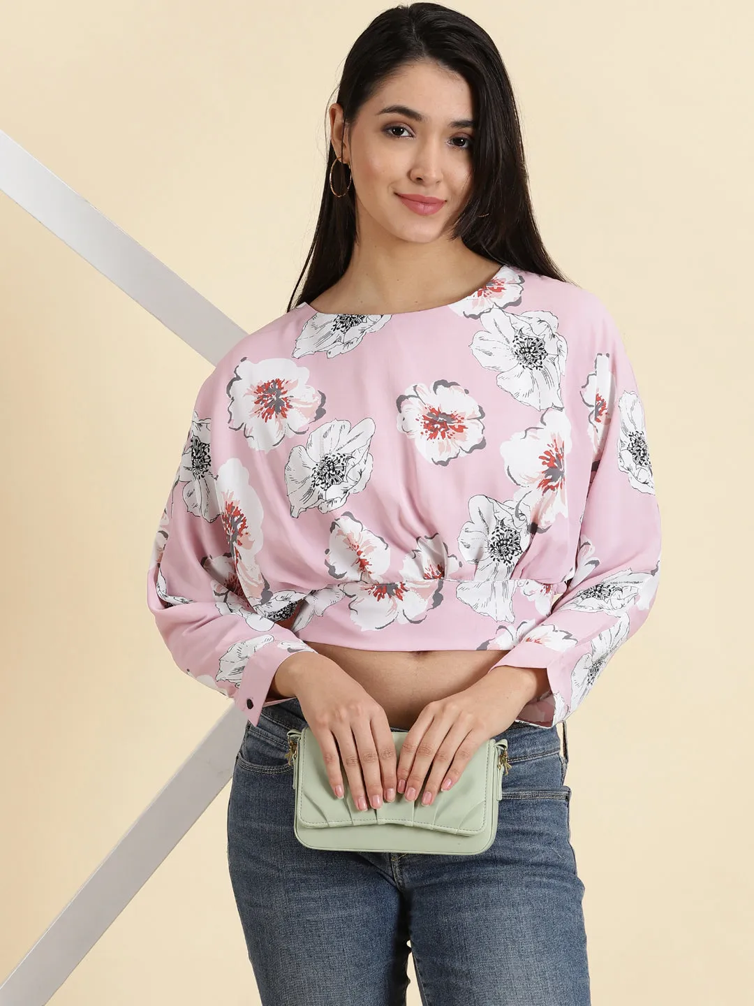 Women's Pink Printed Styled Back Crop Top