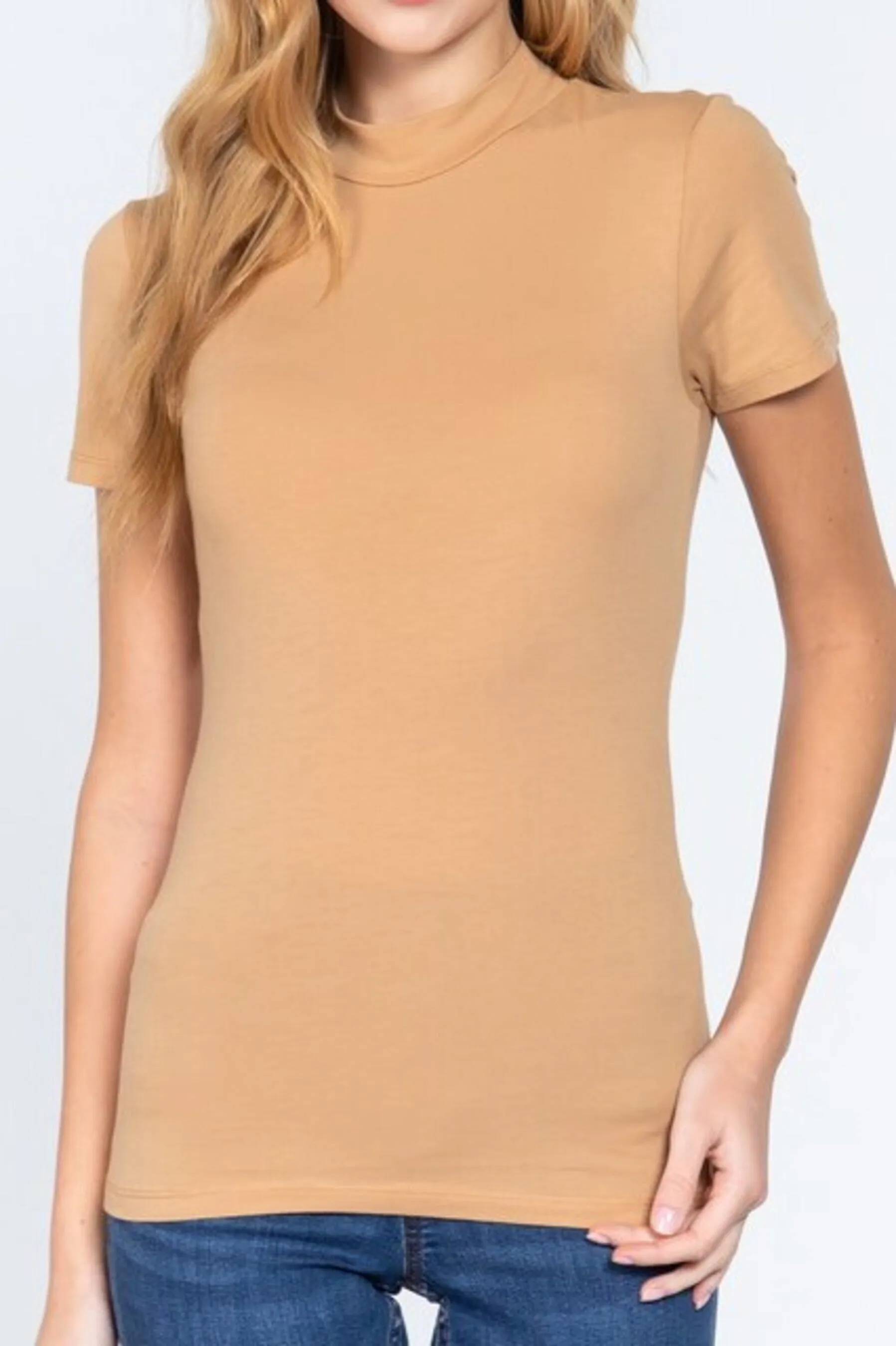 Women's Short Sleeve Mock Neck Cotton Spandex Jersey Top