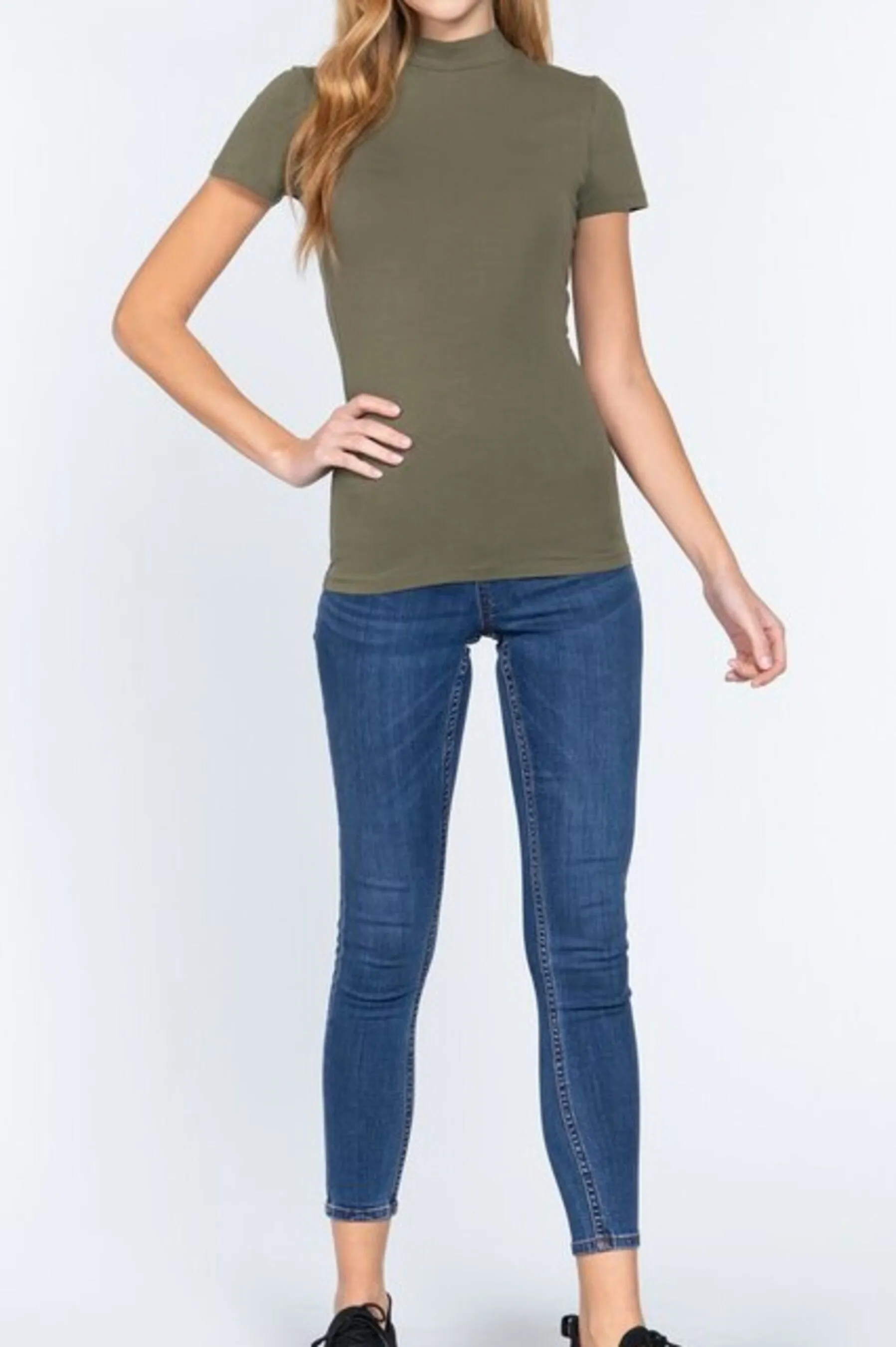 Women's Short Sleeve Mock Neck Cotton Spandex Jersey Top