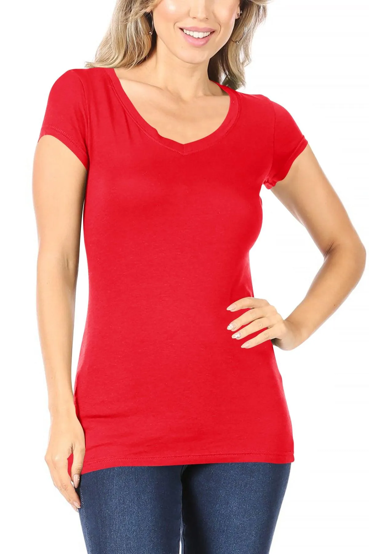 Women's Solid basic V-neck short sleeve tee