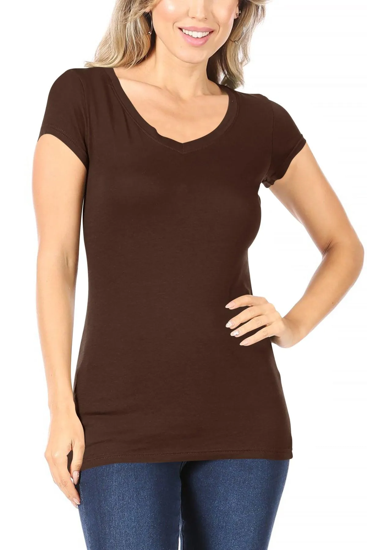 Women's Solid basic V-neck short sleeve tee