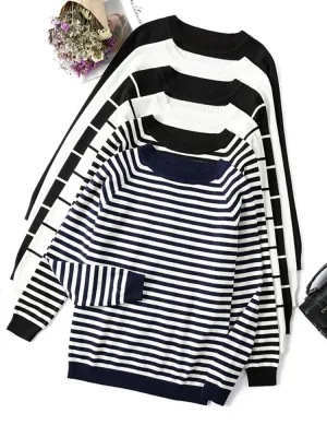 Women's Stylish Striped Knitted Pullover Sweater with Round Neck | Ideal for Autumn/Winter