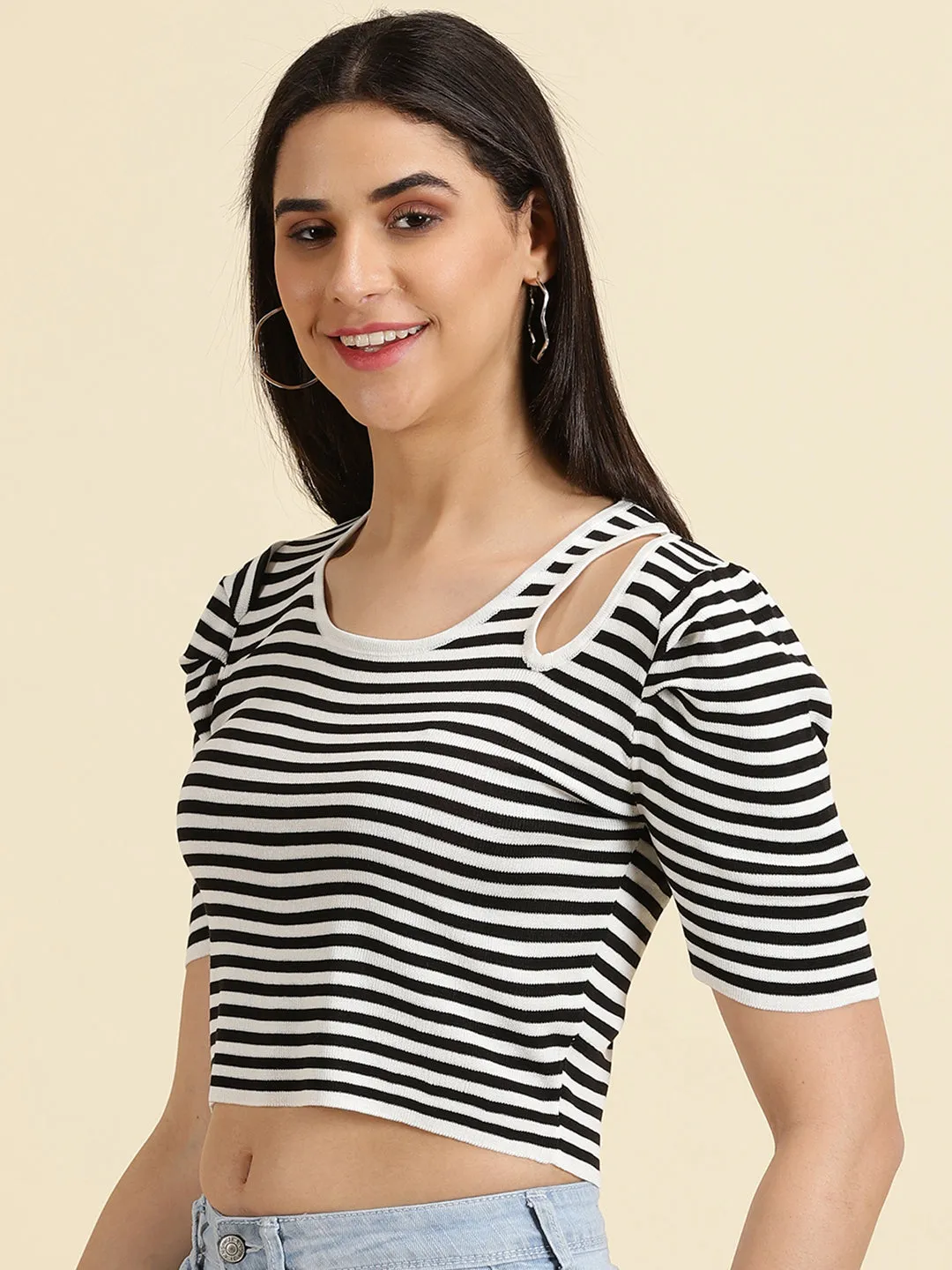 Women's White Striped Fitted Crop Top