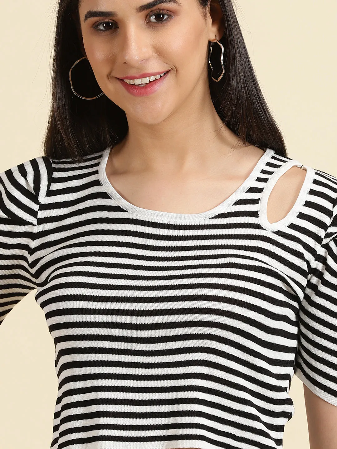 Women's White Striped Fitted Crop Top