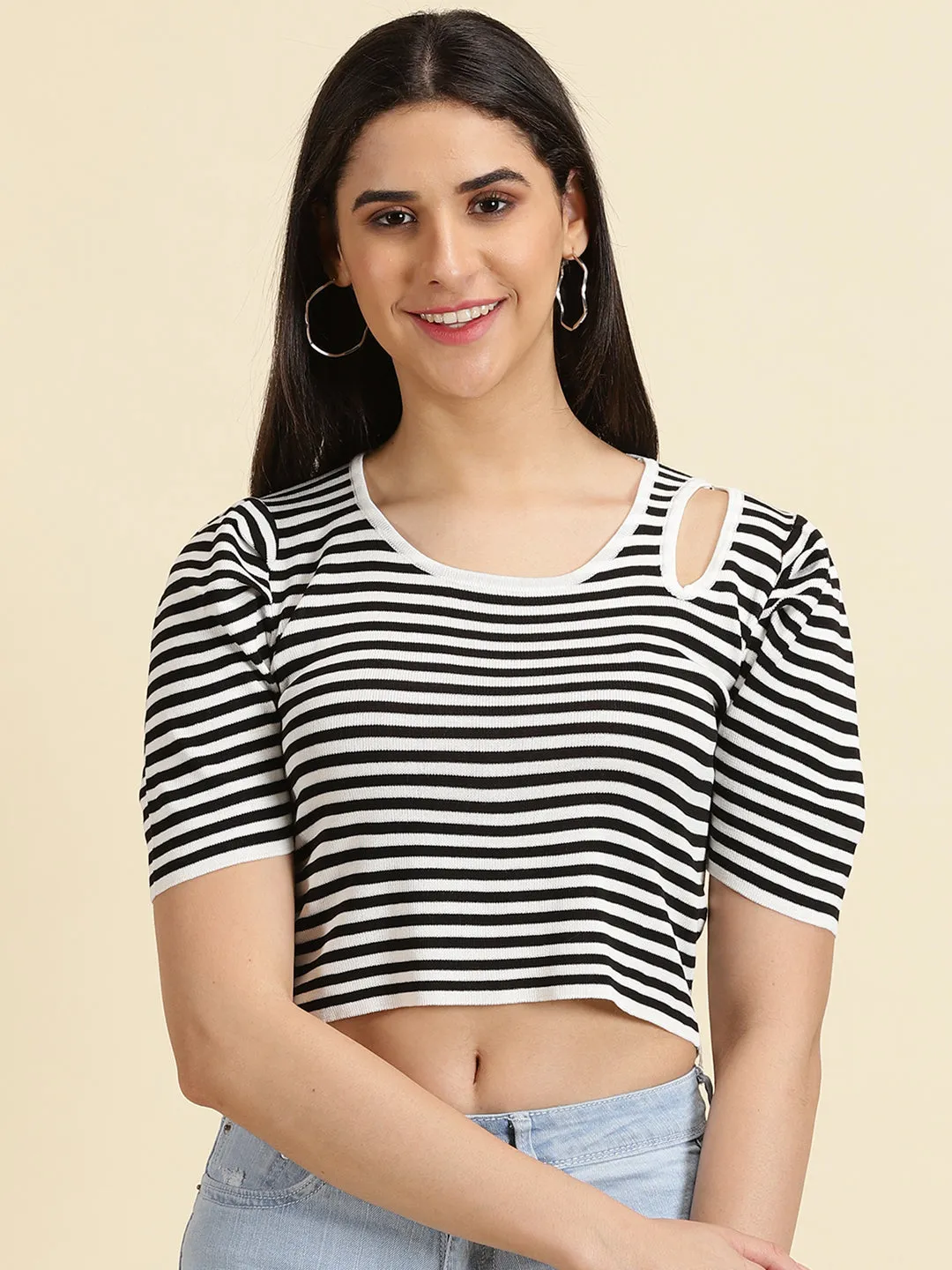 Women's White Striped Fitted Crop Top