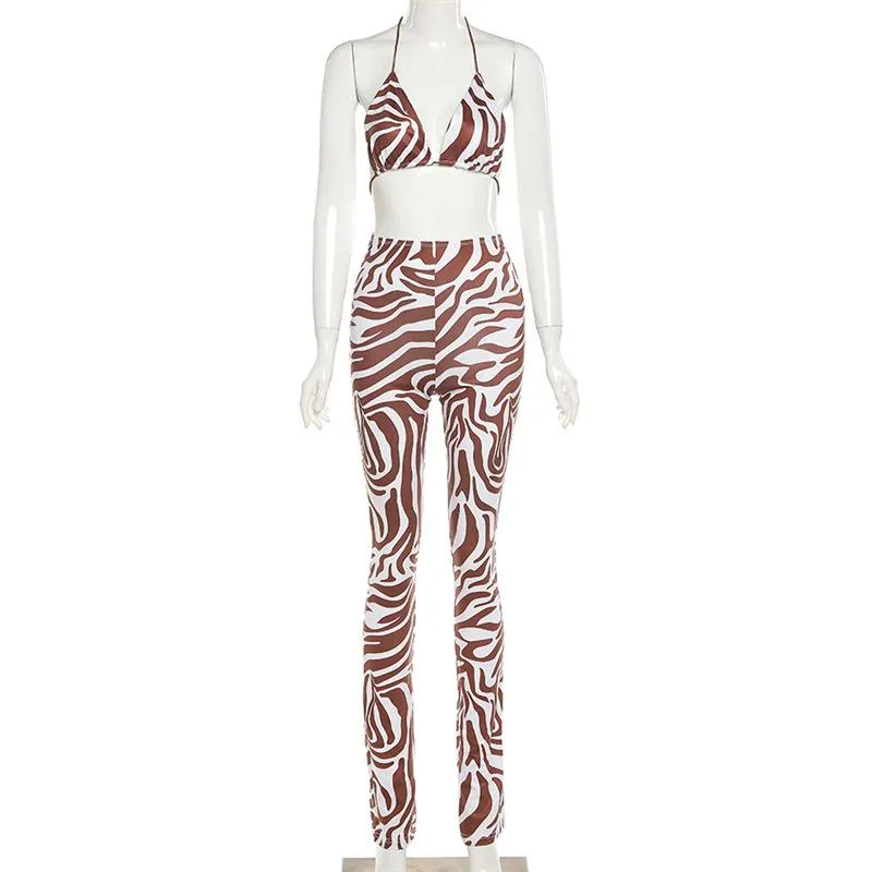 Zebra Print Halter Backless Crop Bra Skinny Leggings Co-ord Suit