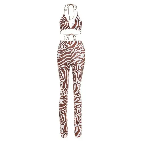 Zebra Print Halter Backless Crop Bra Skinny Leggings Co-ord Suit